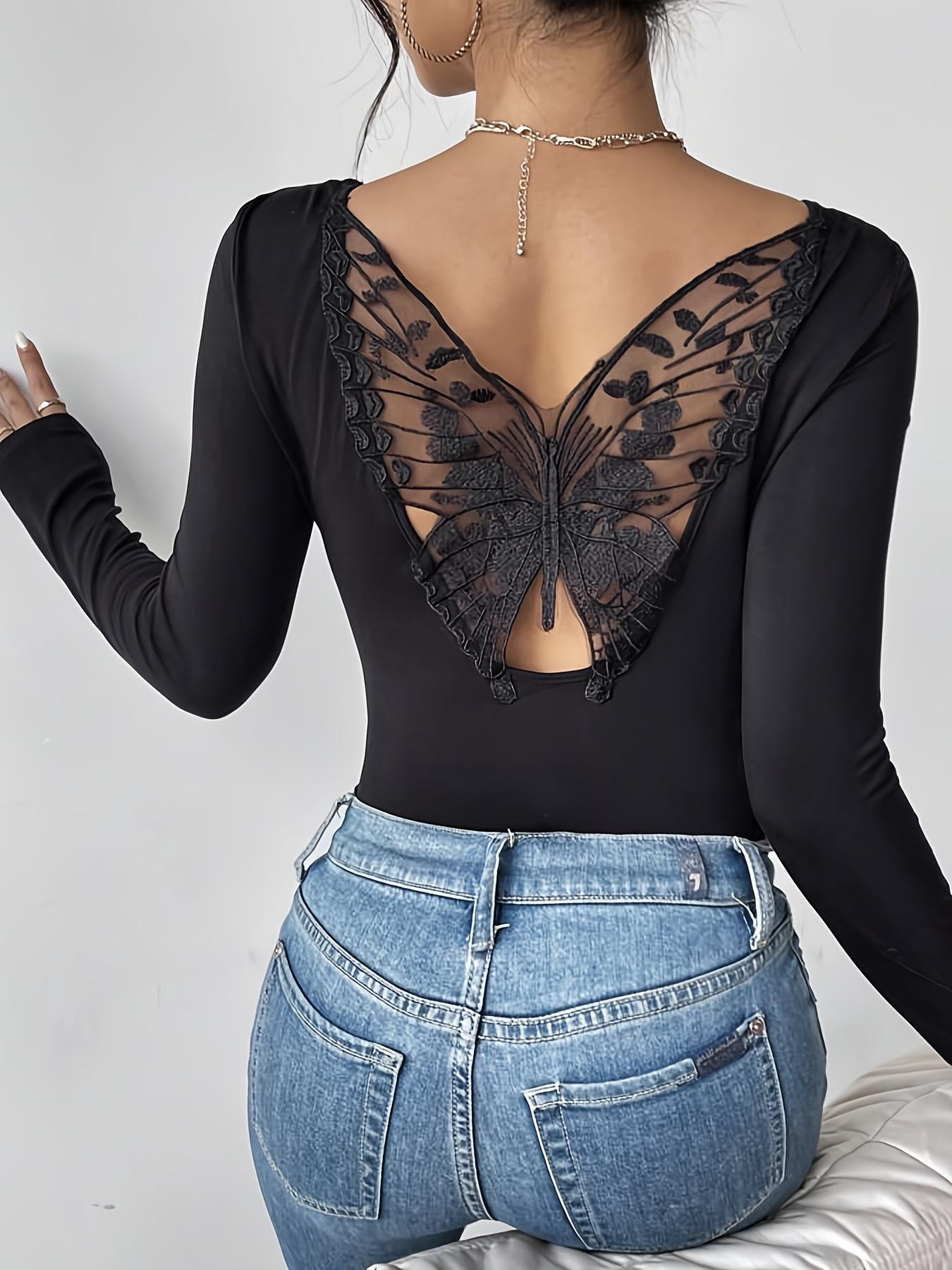 

Back Hollow Out Butterfly Lace Trim Long Sleeve Solid T Shirt Slim Top Women Commute Fashion Daily Basic Casual Slim Fit Ladies Elegant Top S чёрный