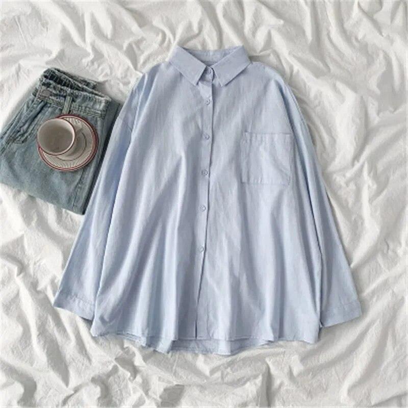 Preppy Style Solid Color Shirt  Autumn Women Korean Fashion Turn Down Collar Blouse Loose Long Sleeve Tops Clothes 30269