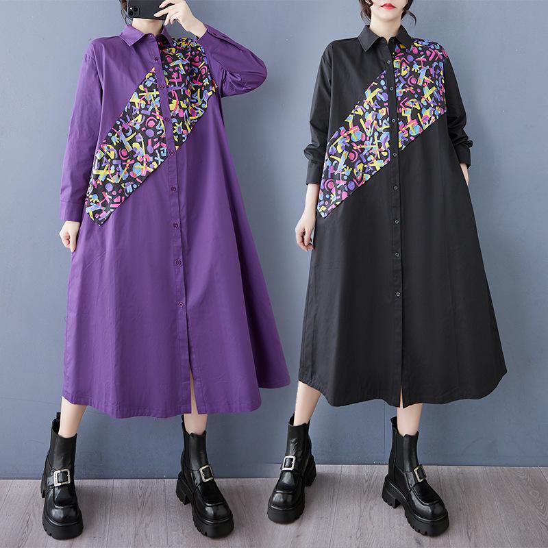 2026 Spring Plus Size Printed Patchwork Long Sleeve Casual Dress Plus Size One Size