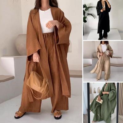 Women Cardigan Pants Suit Women's Casual Pleated Cardigan Wide Leg Pants Set with Elastic Waist Pockets 2 Piece Outfit for Daily