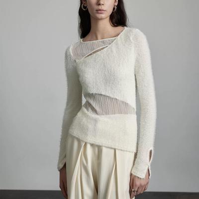 Elegant Women's Sheer Lace Knit Top with Hollow Stitching