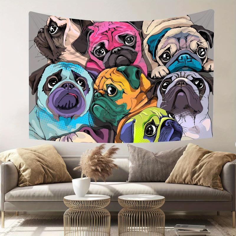 VIKAMA Cartoon Pug Family Tapestry Cute PetThemed Decorative Backdrop For Bedroom Headboards Room Decoration