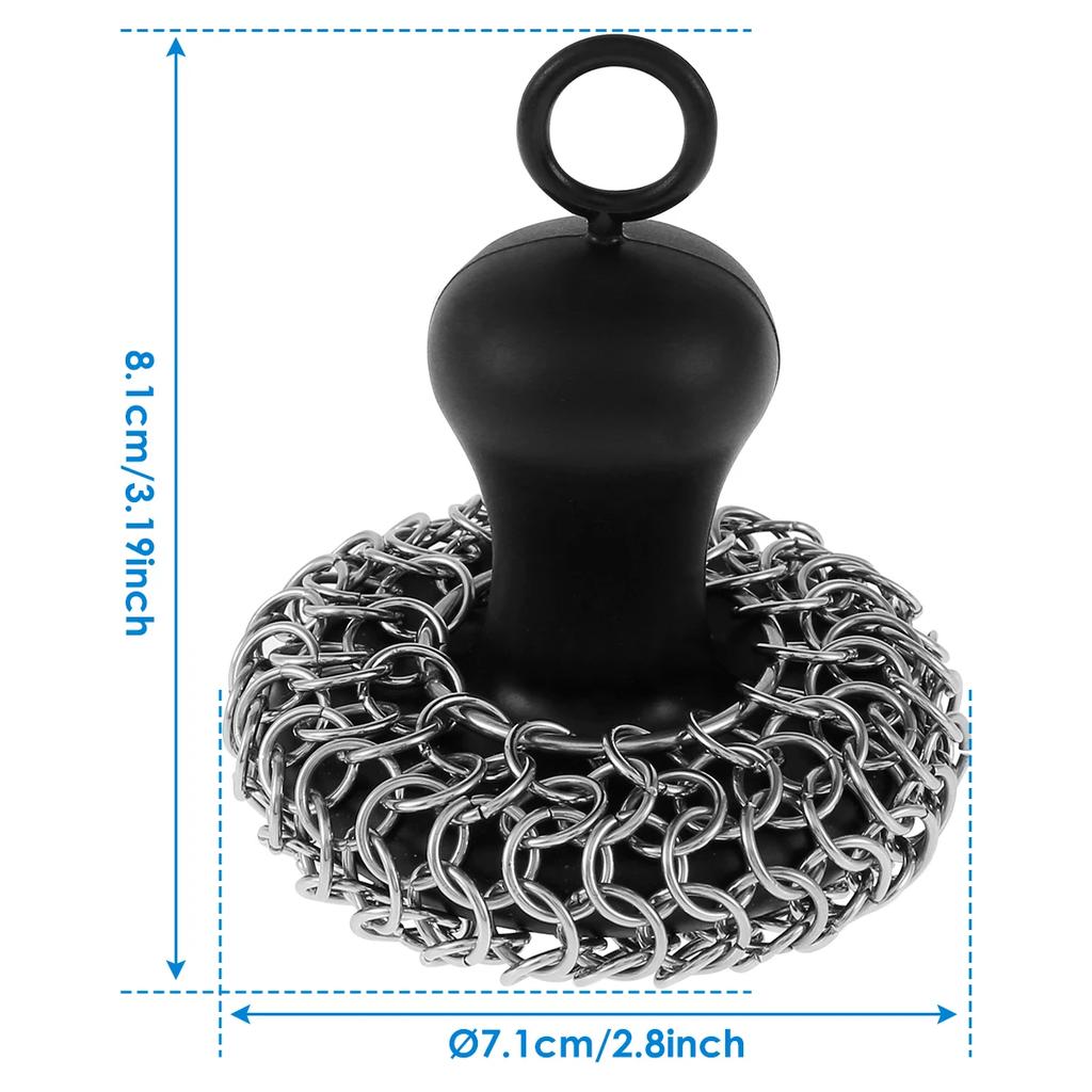 Cast Iron Scrubber with Silicone Handle Stainless Steel Chainmail Scrubber Scraper Anti-Rust Cast Iron Scrubber for Kitchens