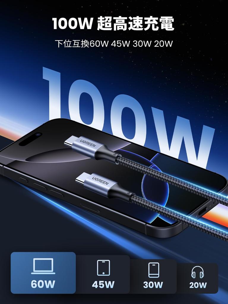 Ugreen USB PD USB Nylon Compatible with iPhone MacBook Galaxy and Other Devices Type-C Cable, Compatible, 100W/5A Ultra-Fast Charging, C, Braided,