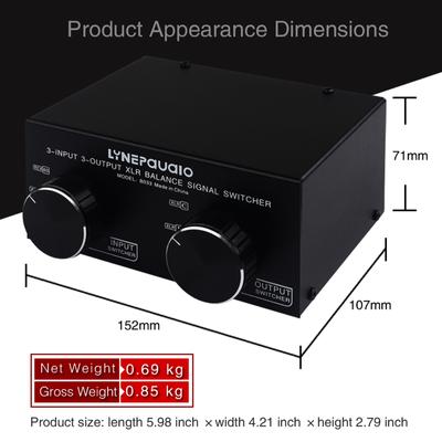 3 Eingänge auf 3 Ausgänge, vollständig symmetrisches XLR-Signal, passiver Stereo-Wahlschalter, Umschalter/symmetrisch