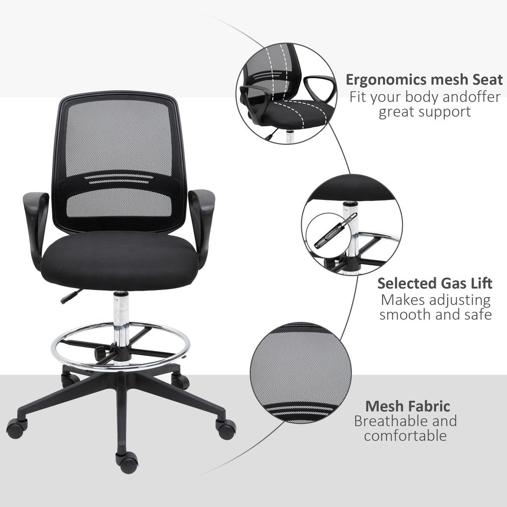 Drafting Chair, Ergonomic Tall Office Chair with Mesh Back, Lumbar Support, Adjustable Height and Foot Ring, Swivel Wheels, for Standing Desk, Black