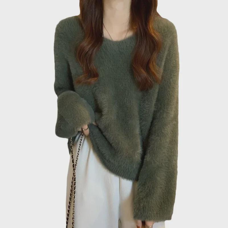Women's V-Neck Imitation Mink Fleece Sweater - Thick, Warm, Knitted Long-Sleeved Top for Autumn and Winter