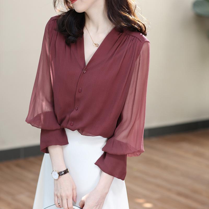 Chiffon Shirt for Women In Spring and Autumn New Trendy V-neck Temperament Shirt Design Niche French Retro Top