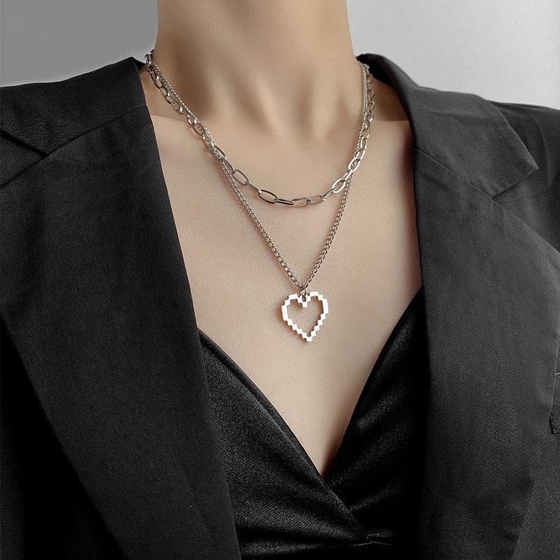 Trend fashion double-layer stacked wearing hollow love necklace new trendy niche personality men's and women's hip-hop collarbone chain