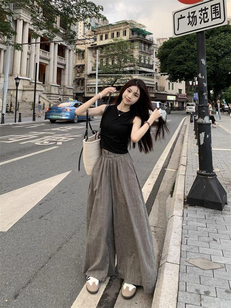 Retro Plaid High-Waisted Pants & Skirt Set – Women's Versatile Summer Two-Piece, Loose & Slimming Casual Outfit
