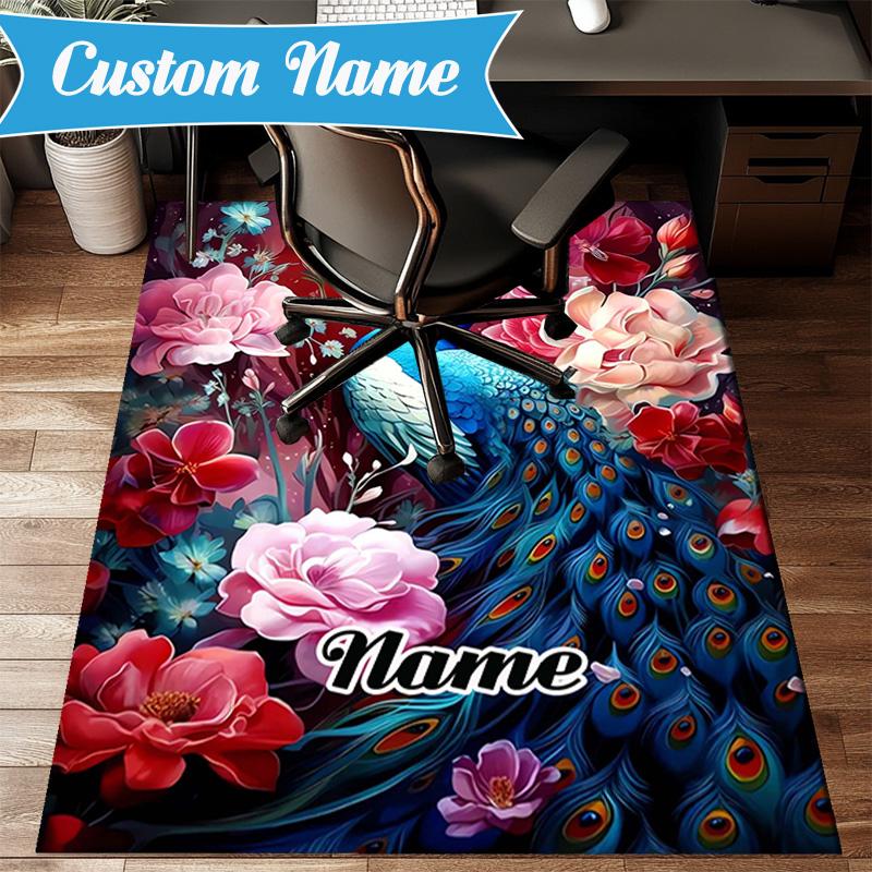 Custom Name Peacock Flowers Romance Rug Game Carpet, Floor Mat for Bedroom Living Room Entryway Rug, Home Decor Idea Gift for Christmas Birthday