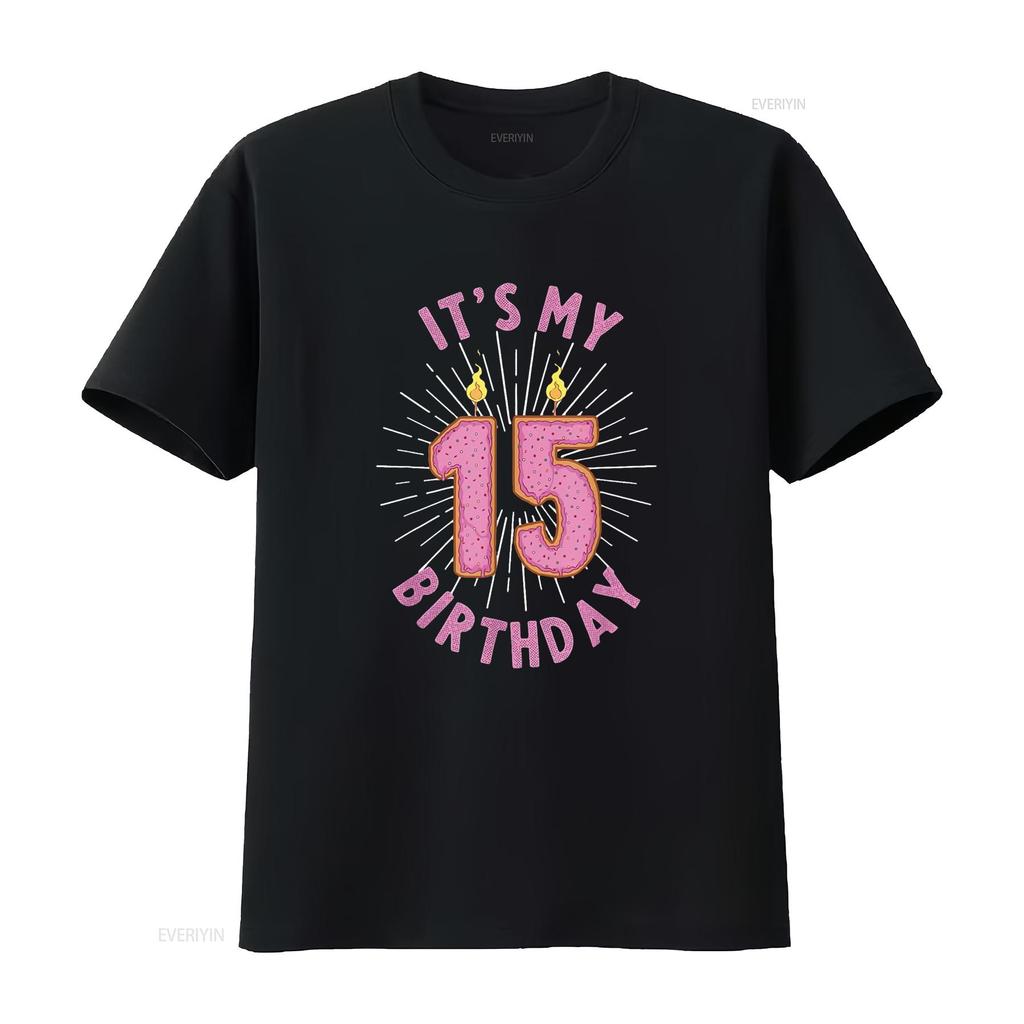 Womens 15 Year Old Girls 15Th Birthday Funny Donut Anniversary T Shirt Black 2XL vintage Washed Breathable Slightly fashion