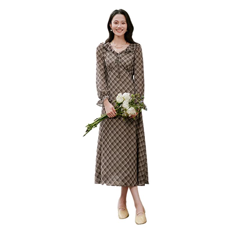 Women s Retro Plaid French V-Neck Dress M