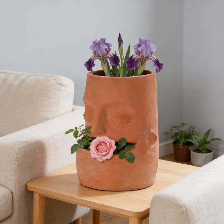 Striking Red Clay Face Formed Flower Holder Designed For Superior Root Ventilation