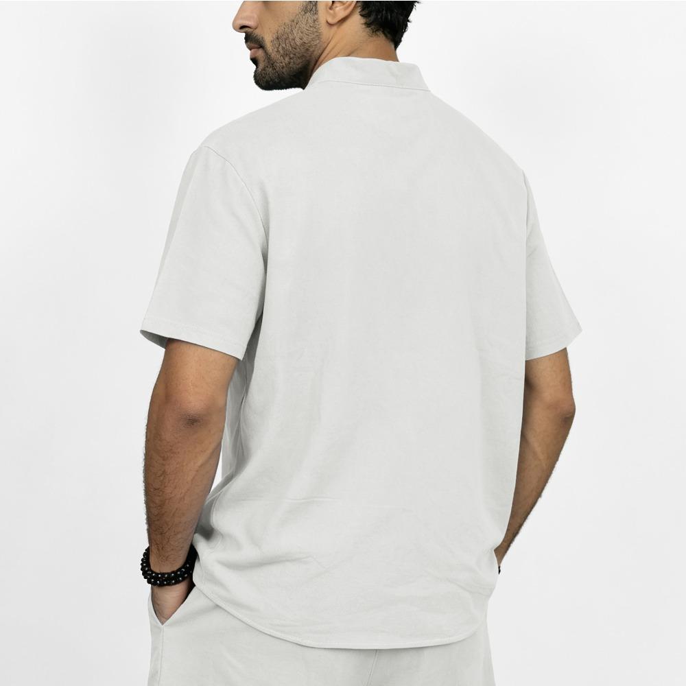 Men Mandarin Collar Linen Short Sleeve Shirt, Button Down Stand Collar Breathable Lightweight Casual Summer Loose Fit Dress Shirts Multiple Colors