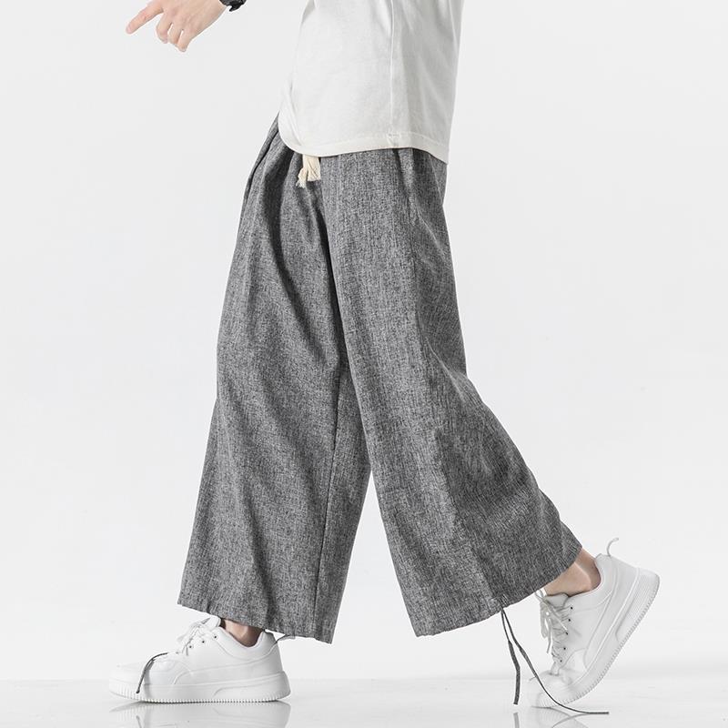 Men's summer light and large size cotton and linen straight wide-leg pants men's trend nine-point casual pants