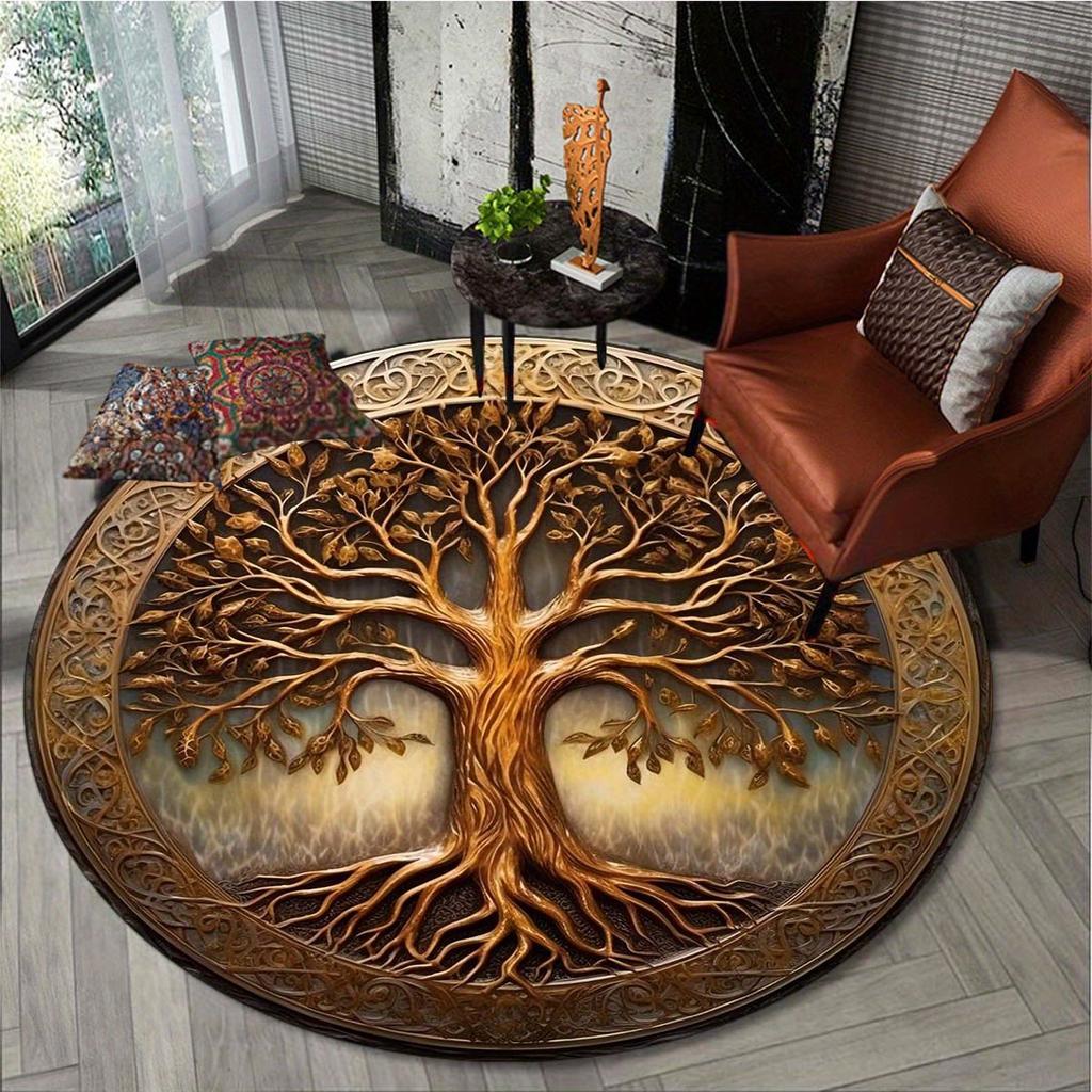 Tappeto Rotondo Albero della Vita - Tappetino Vellutato Antiscivolo con Intricato Design Dorato, Poliestere per Decorazione Soggiorno & Hotel