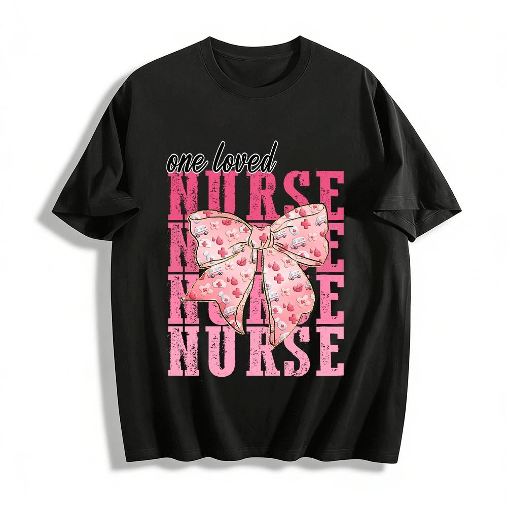 One Loved Nurse Printed Casual Tee Cute Coquette Bow Nursing Top Pure cotton T-shirt XXS