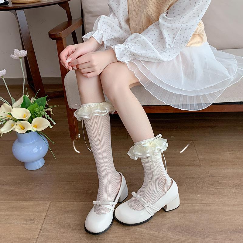 Spring and Summer Thin Lolita Lace Bow Calf Socks, Ballet-style Gauze Belt Thin White Mid-calf Pile Socks