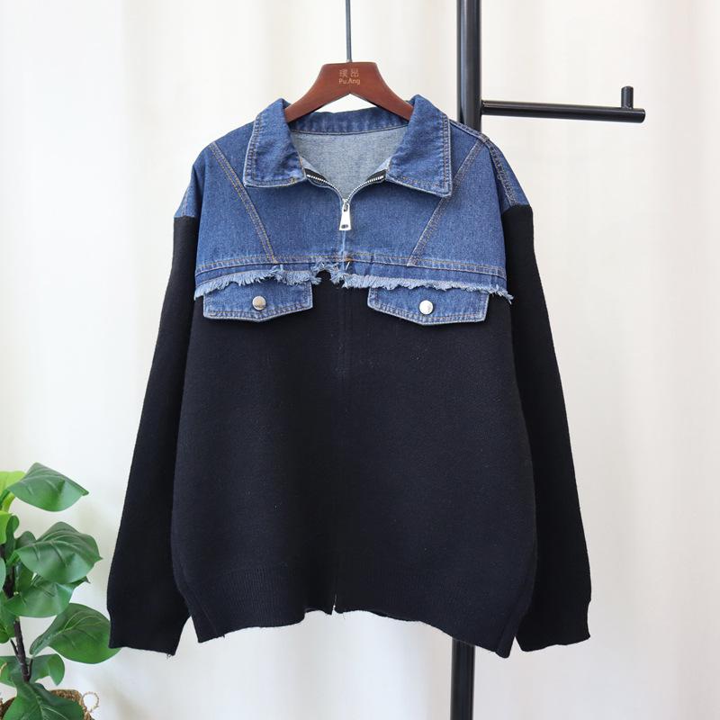 Autumn and winter new splicing denim knitted cardigan loose casual versatile zipper sweater jacket women