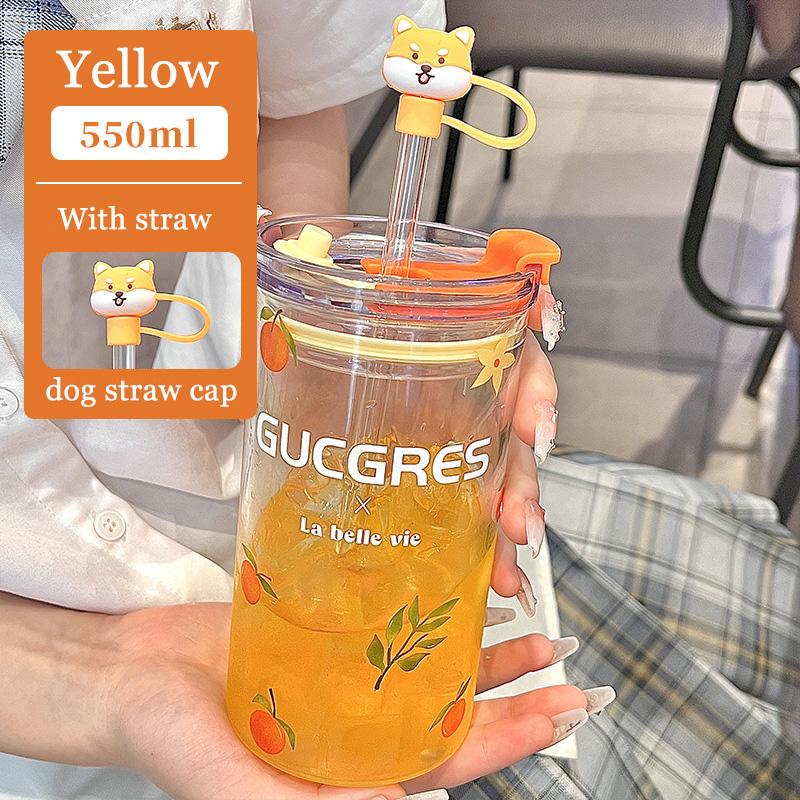 550ml Flower Glass Cup Clear Eyeglasses With Lid And Straw Bubble Tea Cup Ice Coffee Mug For Juice Milk Water Cups Drinkware