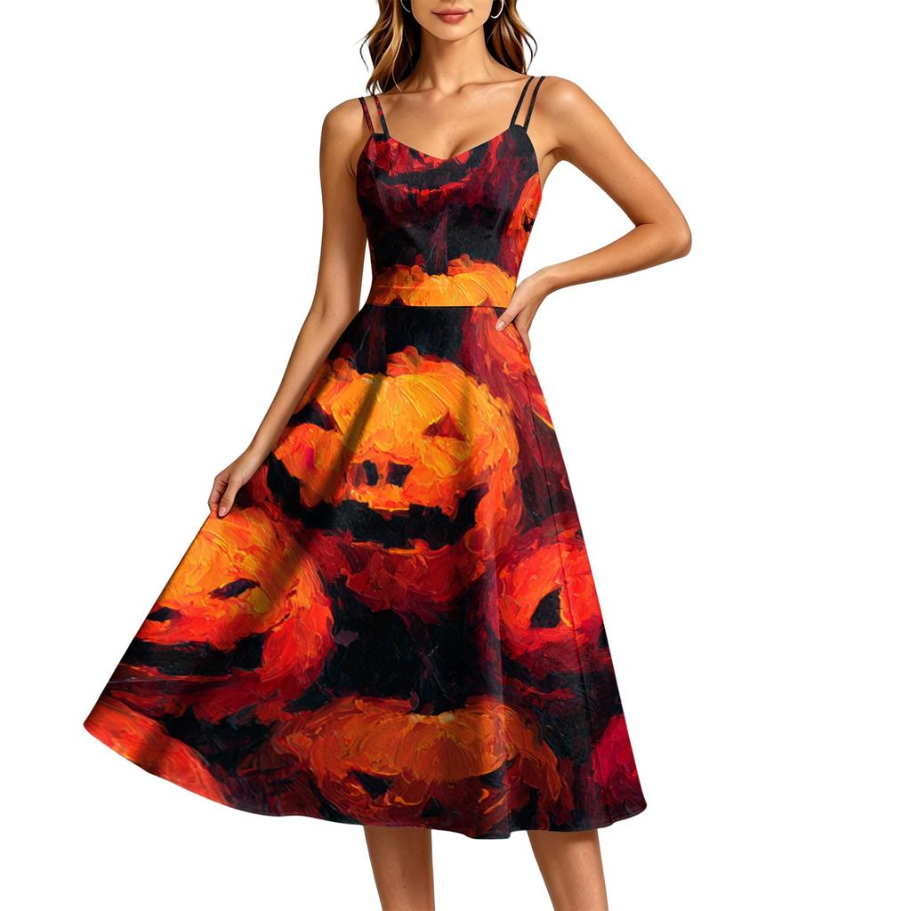 Women's Casual Halloween Print Round Neck Sleeveless Dress for Holiday Party