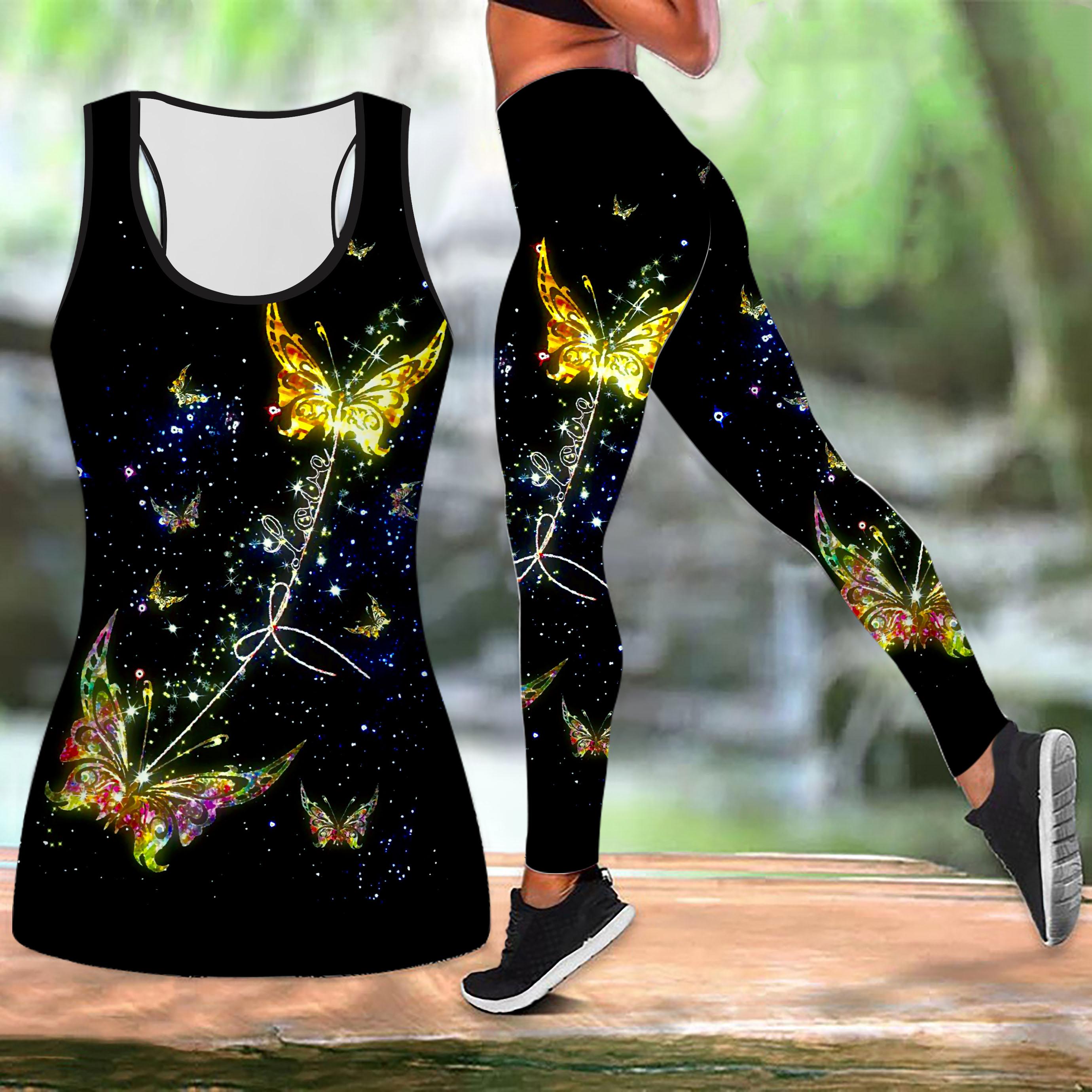 

Спорядження для йоги з барвистим порожнім принтом метелика для жінок Модні легінси для тренувань Фітнес Спорт Повсякденний набір для йоги Спортивний костюм XS жовтий