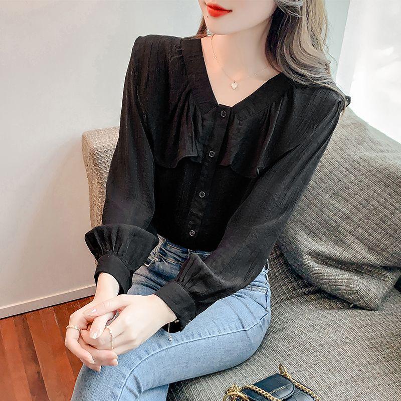 

Шифоновая блузка 2024 Весна/Осень - Женский универсальный топ с V-образным вырезом и длинными рукавами S чёрный