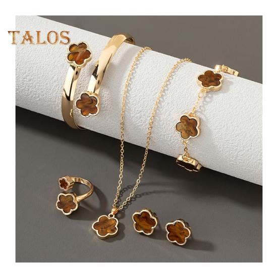 5 szt./zestaw Damski zestaw biżuterii Szczęśliwy kwiatowy dekor Mieniące się cyrkonie Naszyjnik Bransoletka Mankiet Kolczyki Pierścionek Zestaw Biżuteria modowa