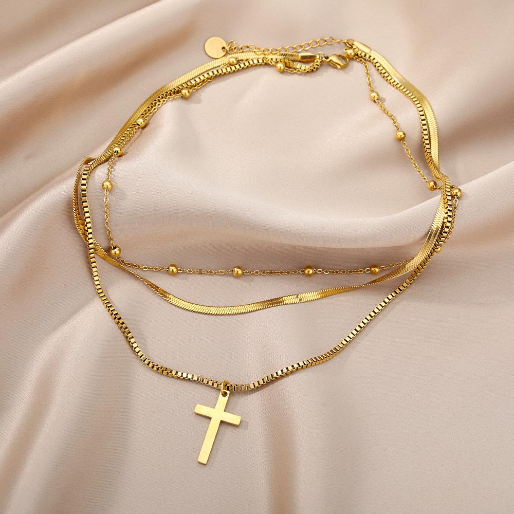 316L Stainless Steel Multi layered Cross Pendant Necklace For Women Gold Color Choker Chain Christmas Jewelry Gifts Dropshipping