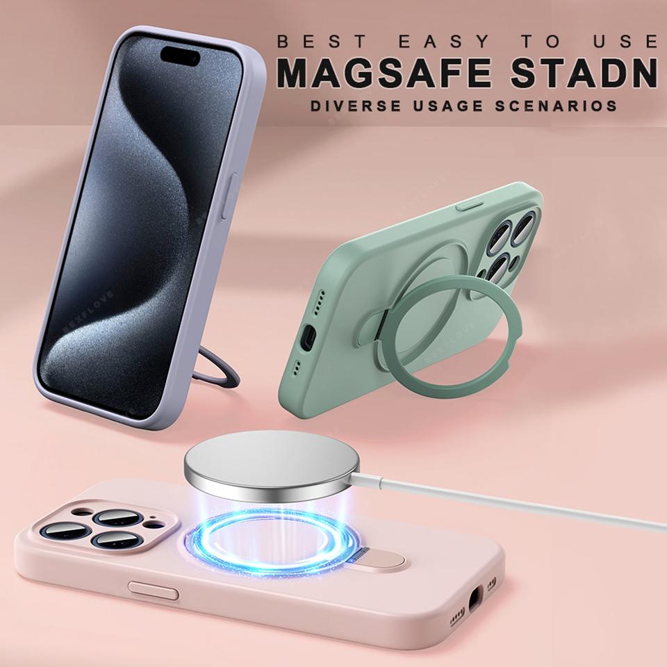 Magnetic Liduid Silicone Stand Phone Case For iPhone 15 14 16 Plus 11 12 13 16 Pro Max Magsafe Ring Holder Protector Soft Cover
