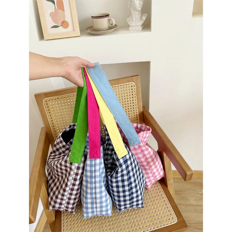 Ctrast Color Checked Ladies Shoulder Bag Large Capacity Women's Plaid Handbags Canvas Commuter Female Tote Shopping Bags