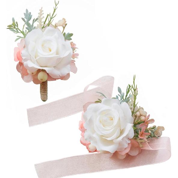 MAFELOE Wrist Corsage and Boutonniere Set Artificial Rose Flowers Accessories for Groom Bride Groomsmen Bridesmaids Wedding Party Prom Suit- Creamy