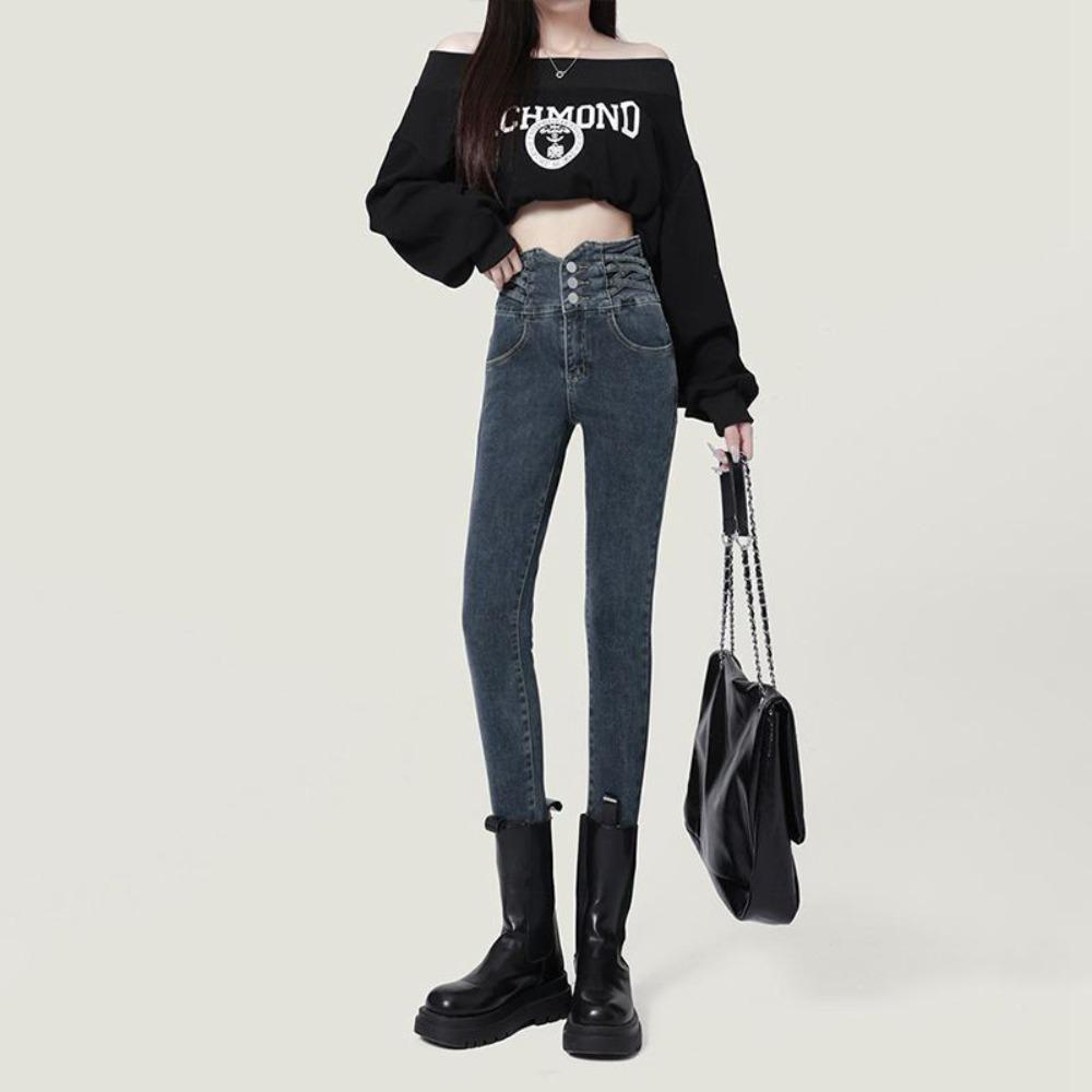 Belly high waist jeans women's design spring and summer new single-breasted three-button elastic slim-fitting small feet pencil denim