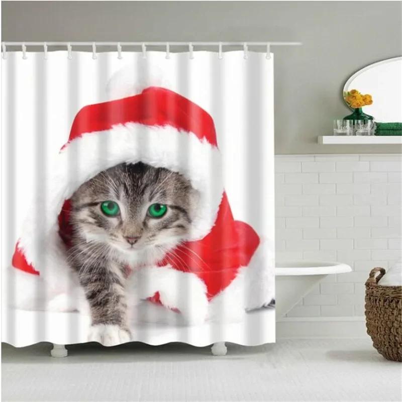 Merry Christmas Shower Curtain Christmas Home Decor Snowman Santa Claus Bathroom Curtain Polyester Fabric Bath Screen with Hoo