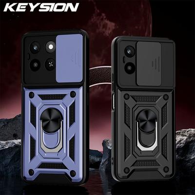 KEYSION Shockproof Armor Case for HONOR X6c Silicone+PC Slide Camera Lens Protection Ring Stand Phone Cover for Huawei Honor X6C