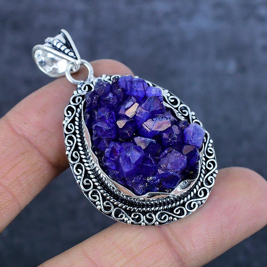 Amethyst Druzy Gemstone 925 Sterling Silver Jewelry Pendant 2.17"
