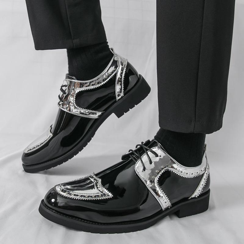 Luxury New Designer Men's Gold Silve Black Mixed Lace Up Fashion Patent Leather Shoes Formal Wedding Dress Homecoming Footwear
