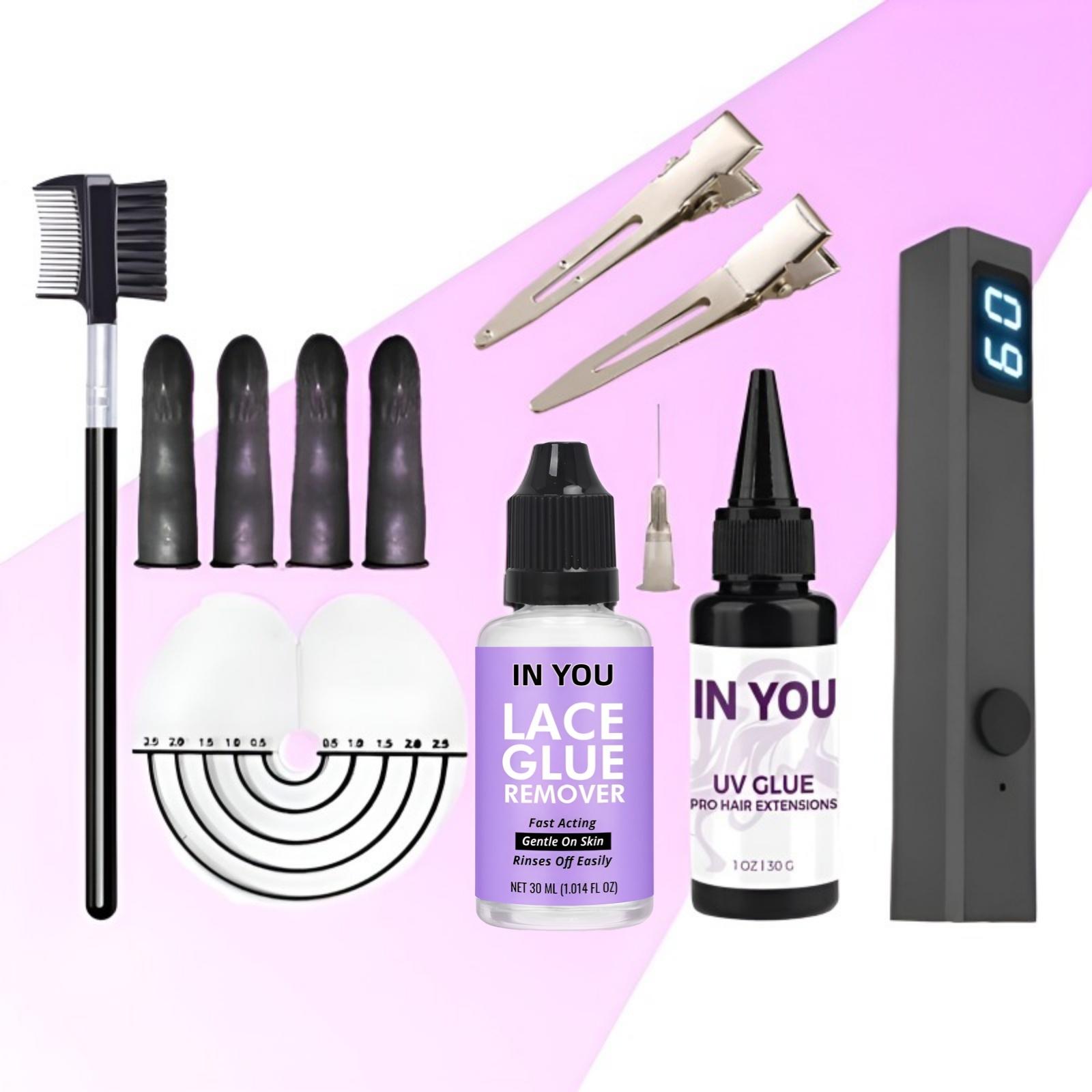 

UV Lamp 30g UV Extension Glue Fast Drying UV Hair Extension Kit 30ml Glue Remover Anti-UV Shield Guards Replacement Accessories A set