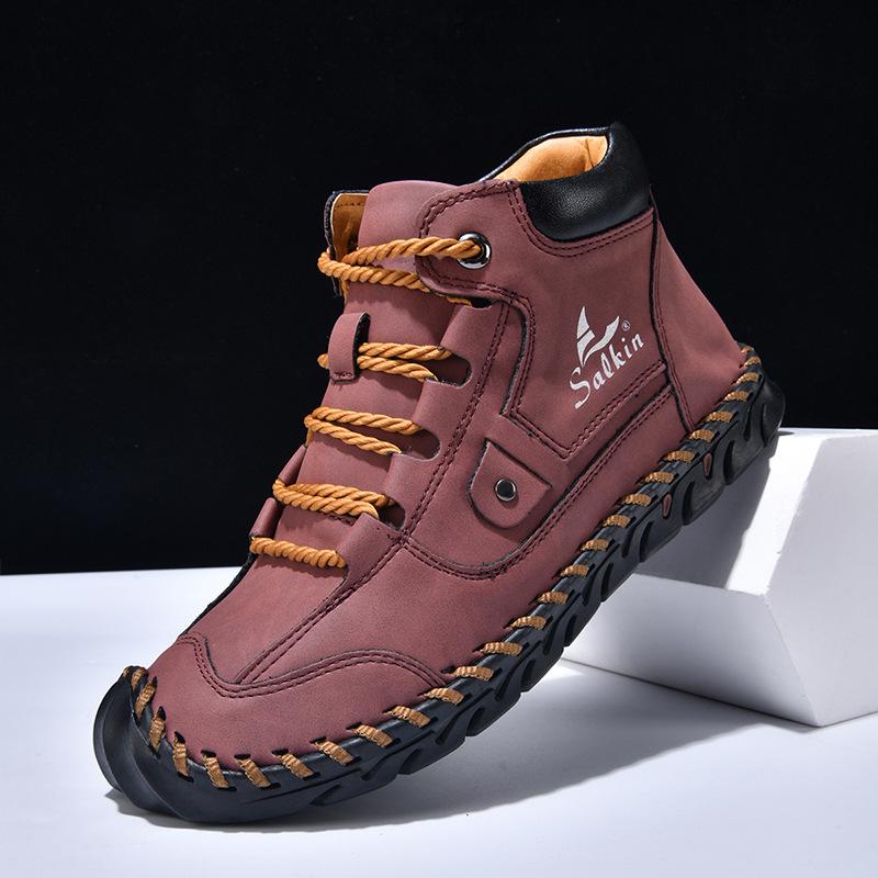 2025 large size men's color matching leather boots, men's fashion hand-stitched ankle boots flat-bottomed lace-up casual