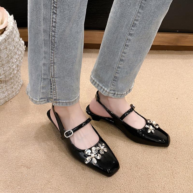 

Модные сандалии Baotou Летние новые с квадратным носком, с неглубоким вырезом, с цветком из страз, с одной пряжкой, нескользящие, износостойкие, на каблуке-рюмочке 40 чёрный