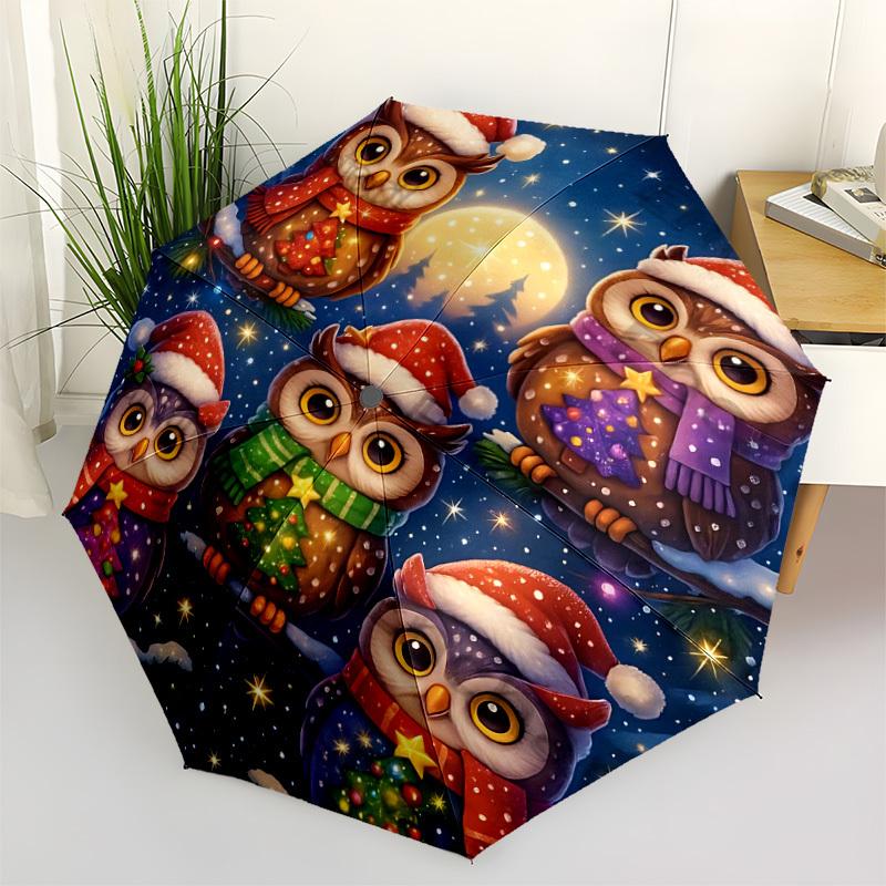 1pc Christmas Owls Automatic Open/close Umbrella, 8-Rib Sturdy Structure, Auto Folding/Opening, Portable Travel Umbrella for Women,171