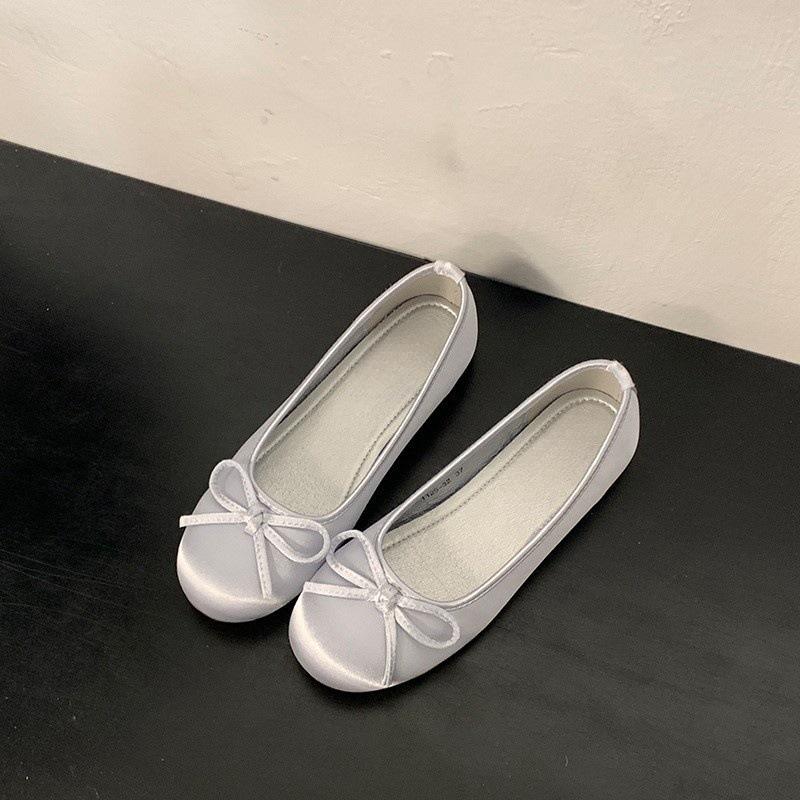 Bow round head ballet single shoes women's spring and summer gentle wind blue flat shoes grandma shoes