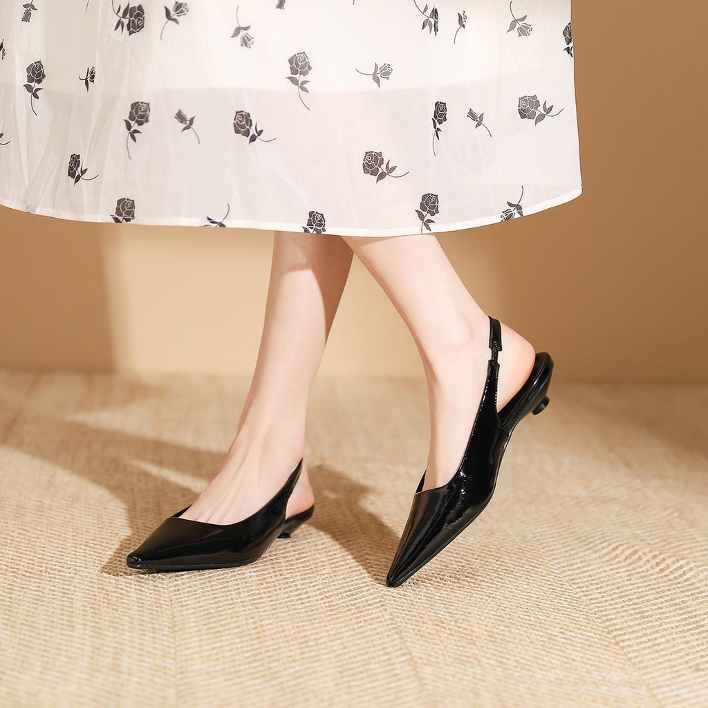 Fashion Delicate Red Shiny Leather Sandals Woman Slingback Low Heels Shoes Ladies Party Brides Tacones Mujer Pointed Toe Flats Sandalias