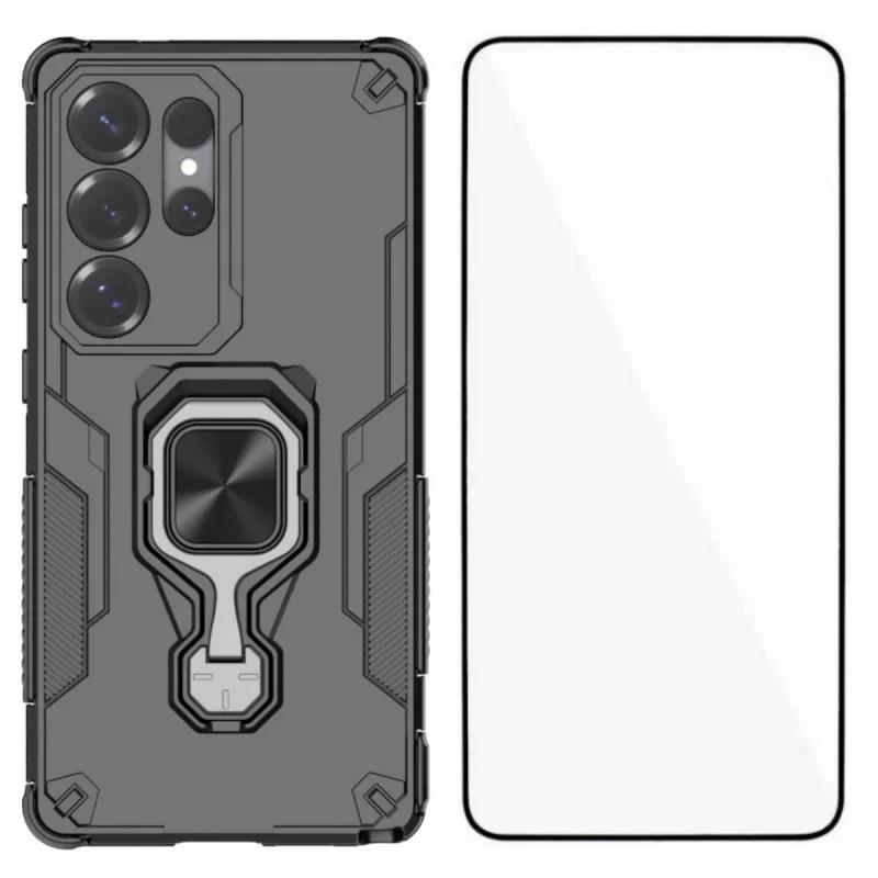 

For Samsung Galaxy S24 Ultra Phone Case WANLONFENG PC TPU Back Cover Kickstand with Tempered Glass Black