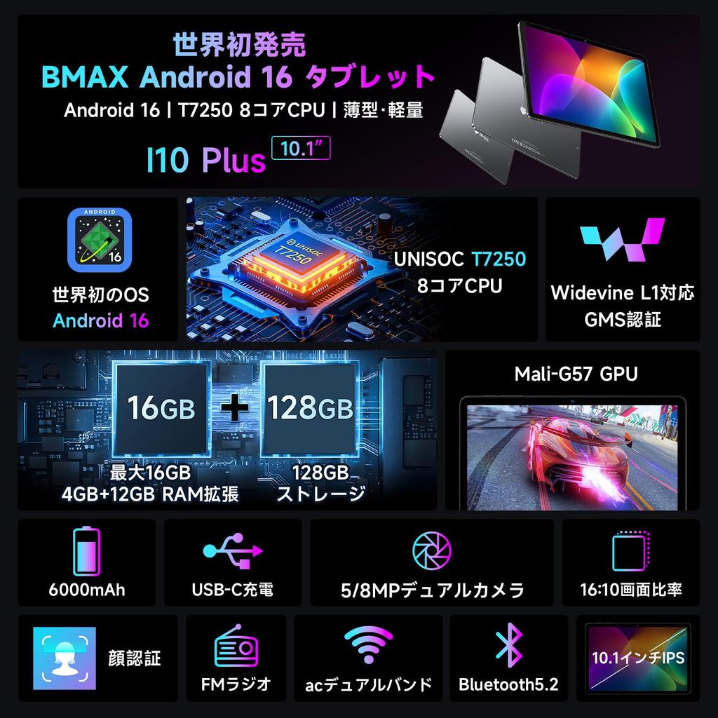 Introducing the First Android 16 Bmax Android 16 Tablet with T7250 6000mAh Widevine L1 Wireless 5G Facial Child and FM AI-optimized Tablet! 10-inch