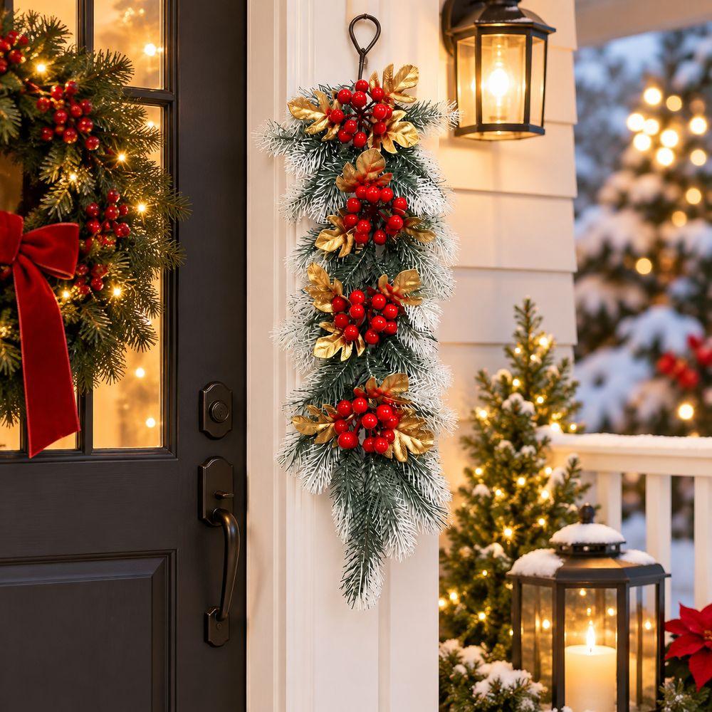 Red Berries Christmas Pine Garland Snow Flocked Red Berry Garland Fireplace Decoration