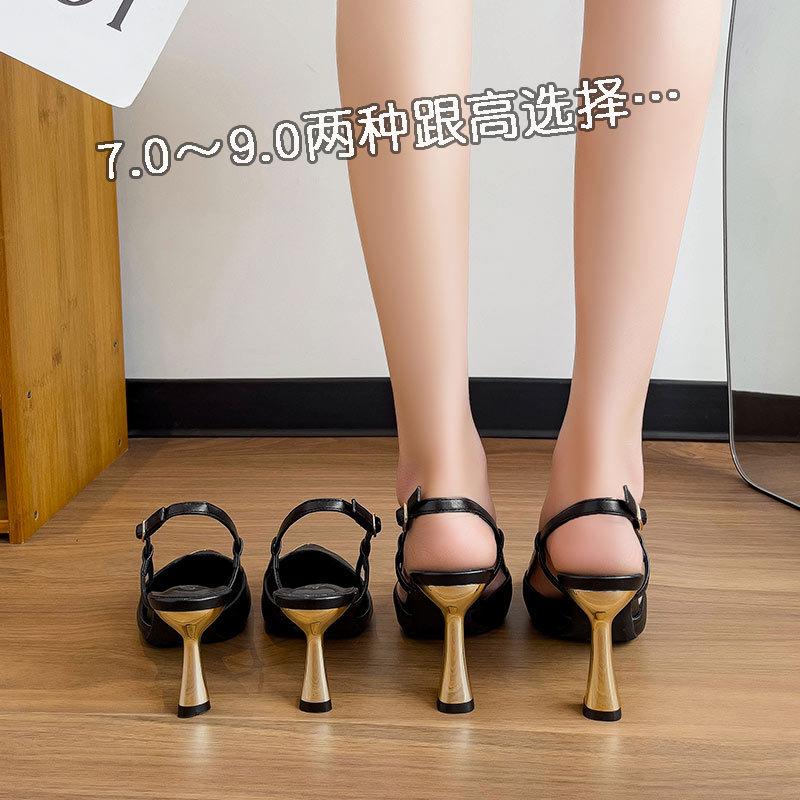 French Bag Head Sandals One-word Buckle with Large Size High Heels Women's Stiletto 2025 New Summer Pointed Empty Shoes