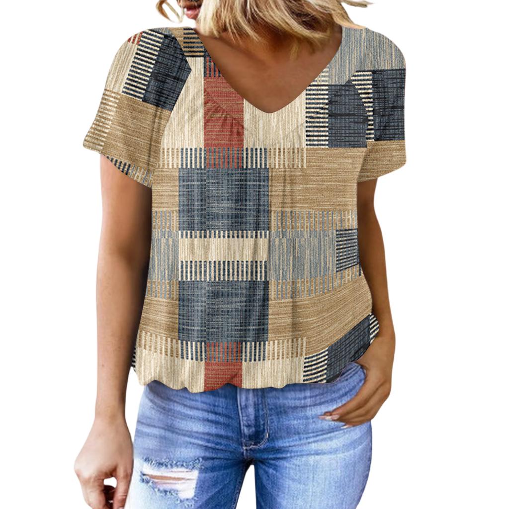 Women's Casual V Neck Short Sleeve Top Geometric Print Pleated Design Lightweight Soft Fabric Blouse for Everyday Wear