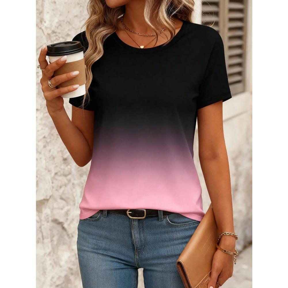 Women's Casual Round Neck T-Shirt with Hand-Drawn Puppy Doodle Print, Short Sleeve Summer Top